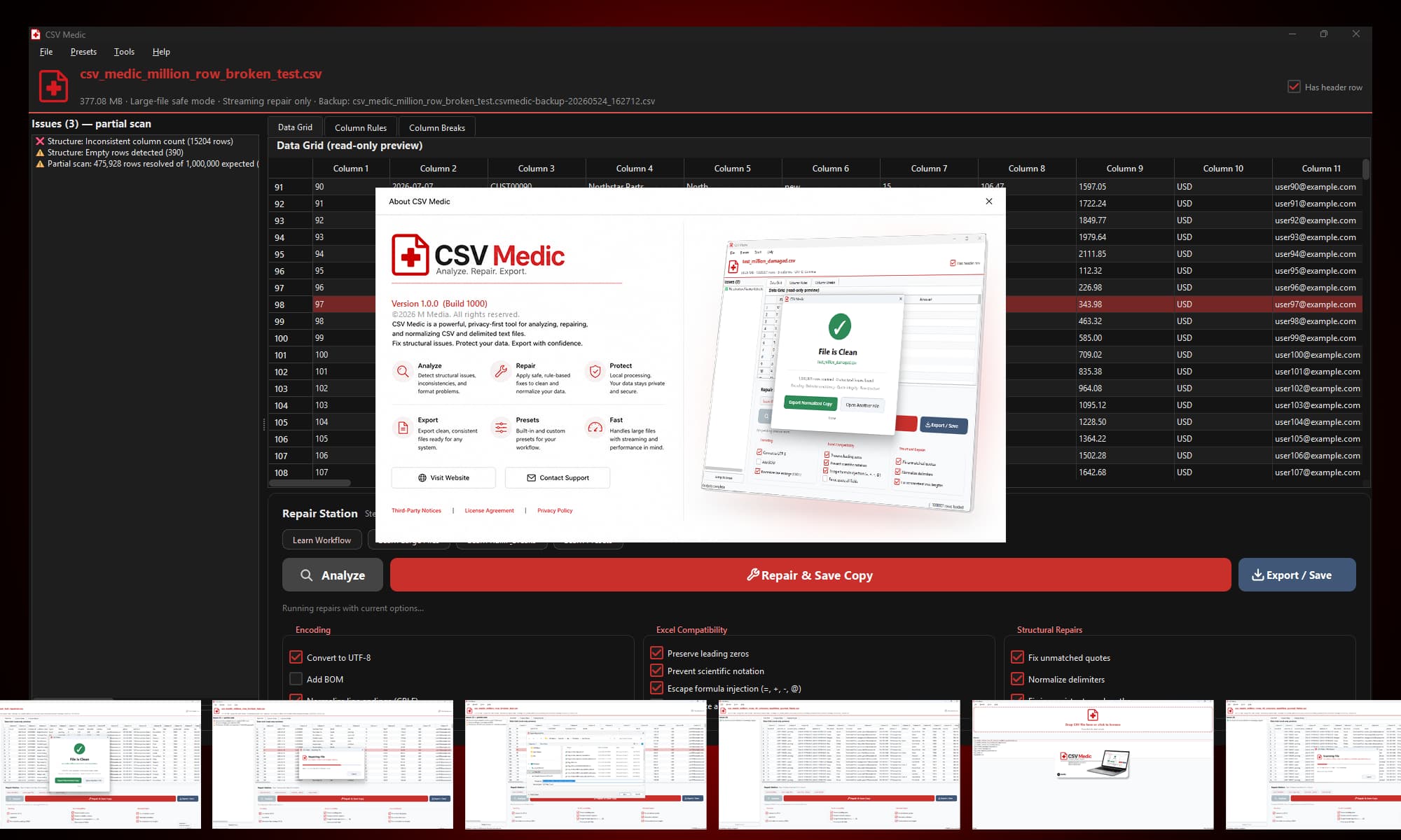 CSV Medic application interface repairing a malformed CSV file